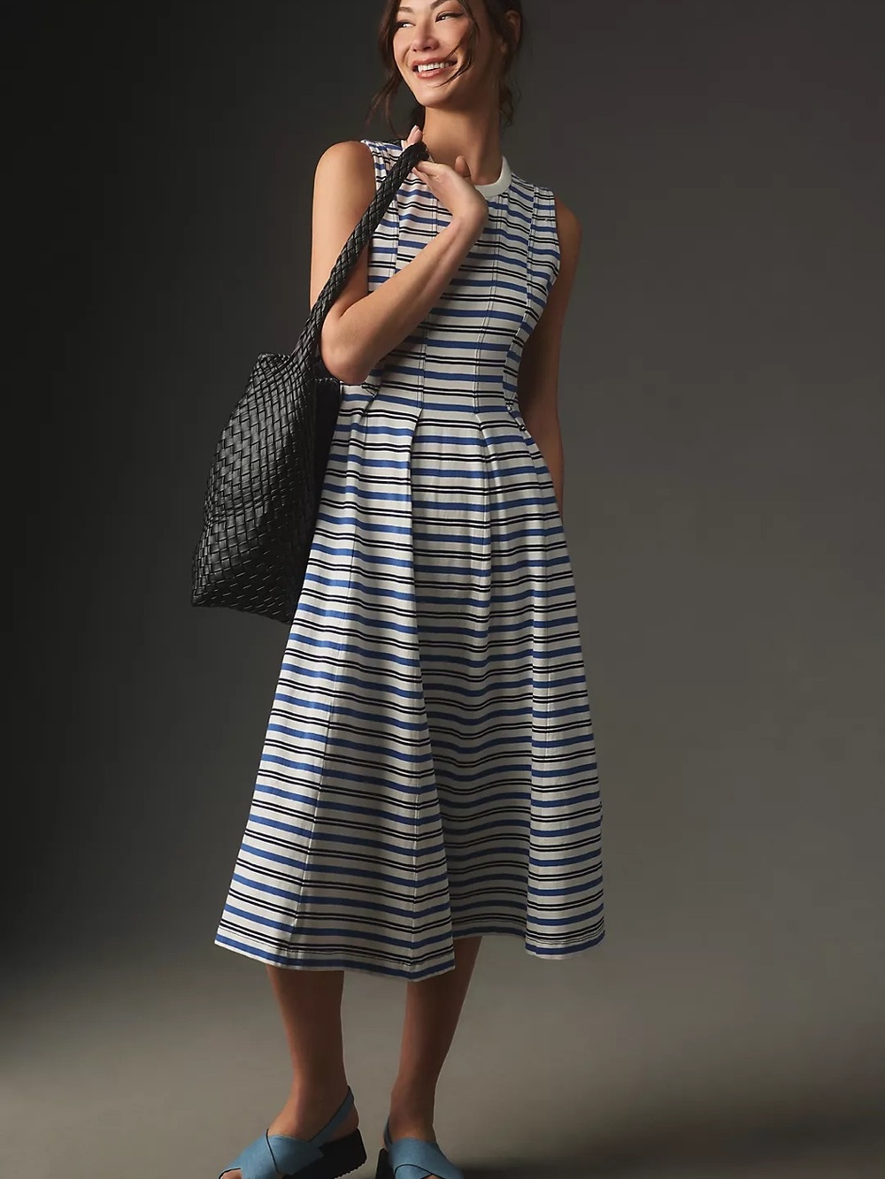 By Anthropologie Blue and White Striped Sleeveless A-Line Midi Dress